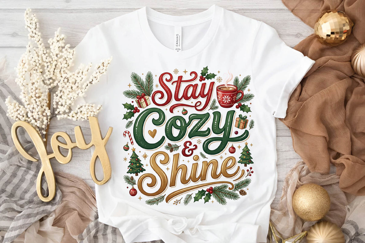 Stay Cozy & Shine Christmas PNG, Christmas Coffee Sublimation Design, Cozy Holiday Shirt PNG