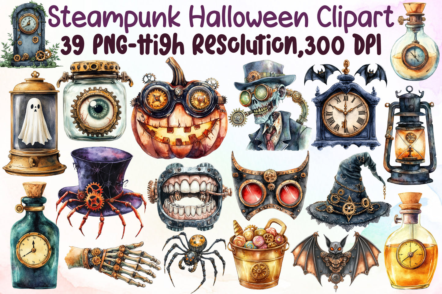Steampunk Halloween Clipart Bundle PNG, Spooky Gothic PNG
