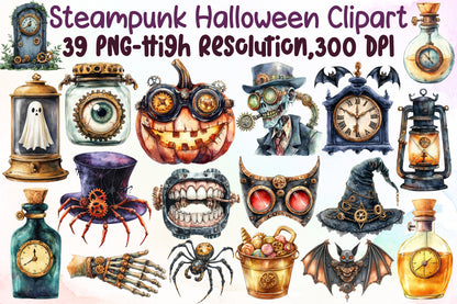 Steampunk Halloween Clipart Bundle PNG, Spooky Gothic PNG