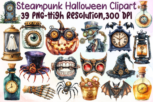 Steampunk Halloween Clipart Bundle PNG, Spooky Gothic PNG