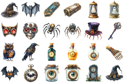Steampunk Halloween Clipart Bundle PNG, Spooky Gothic PNG