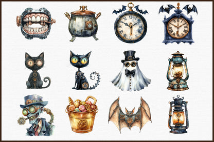 Steampunk Halloween Clipart Bundle PNG, Spooky Gothic PNG