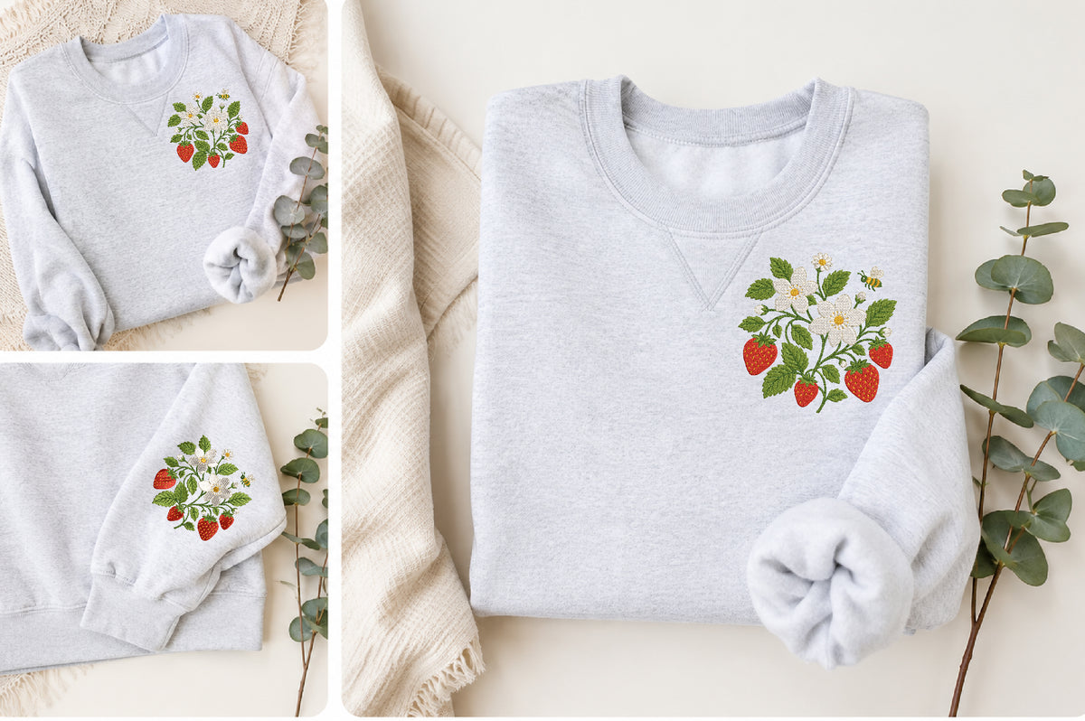 Strawberry Bee Floral Embroidery Design