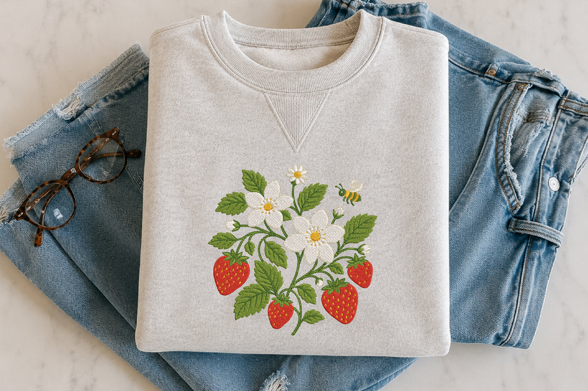 Strawberry Bee Floral Embroidery Design