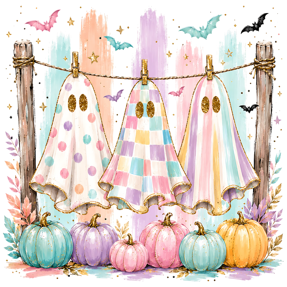 Pastel Ghosts Clothespins Halloween PNG