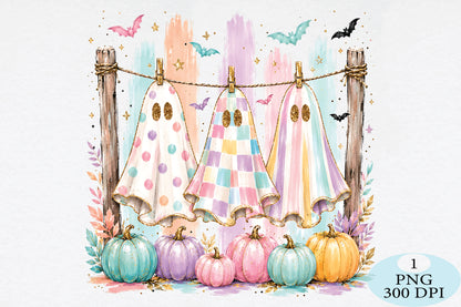 Pastel Ghosts Clothespins Halloween PNG
