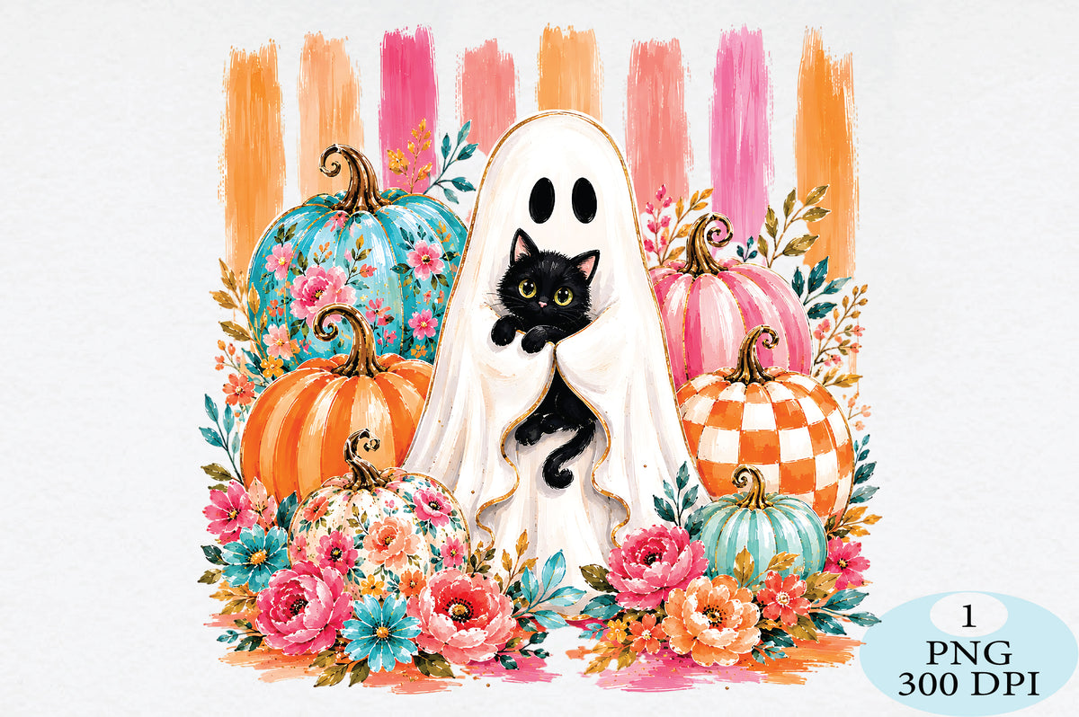 Floral Ghost & Pumpkins Halloween PNG