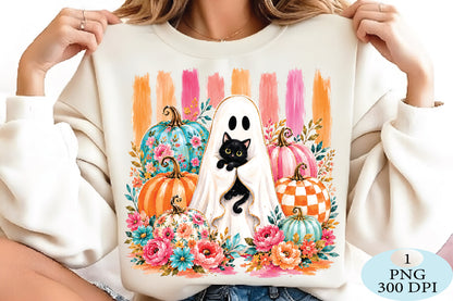 Floral Ghost & Pumpkins Halloween PNG