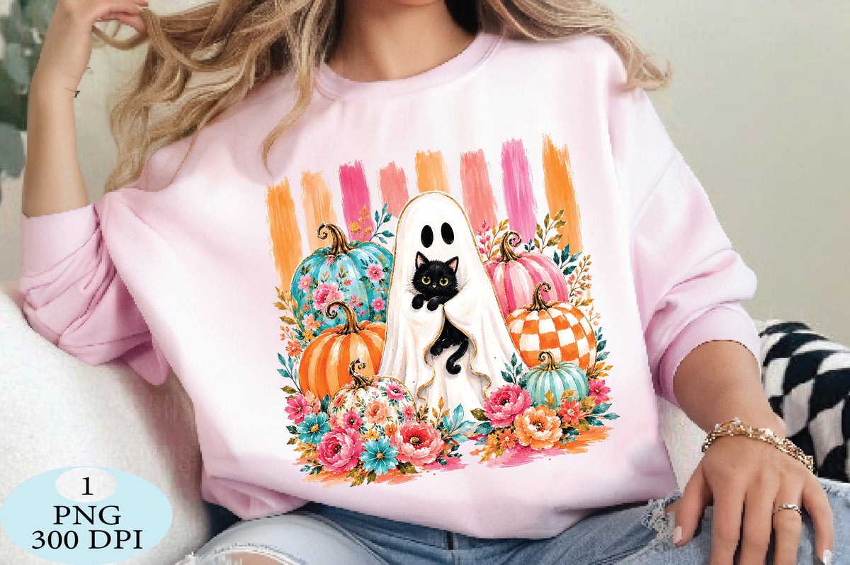 Floral Ghost & Pumpkins Halloween PNG