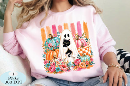 Floral Ghost & Pumpkins Halloween PNG