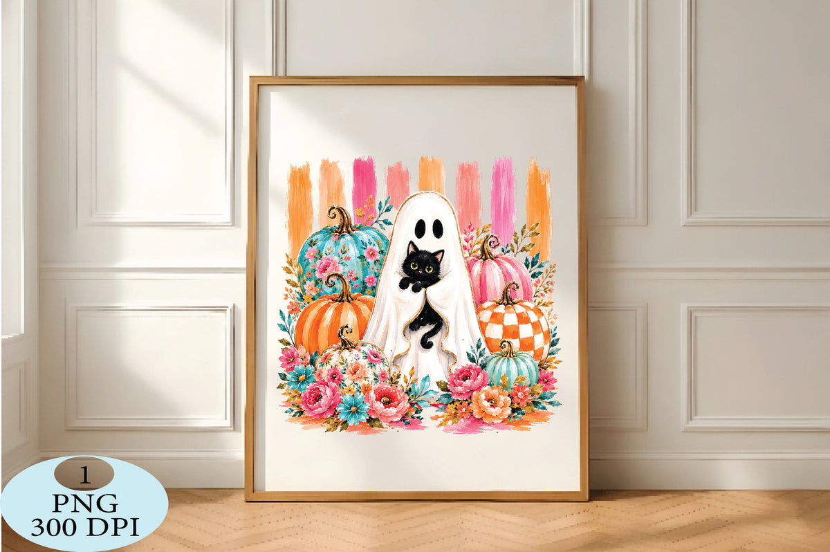 Floral Ghost & Pumpkins Halloween PNG