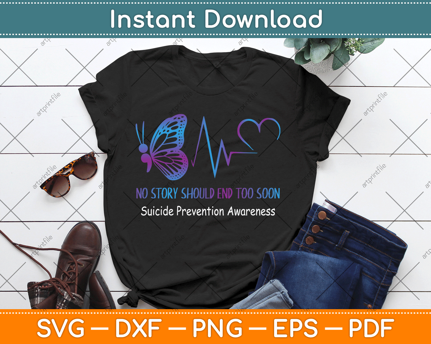 Suicide Prevention Awareness Semicolon Butterfly Heartbeat SVG Digital Cutting File
