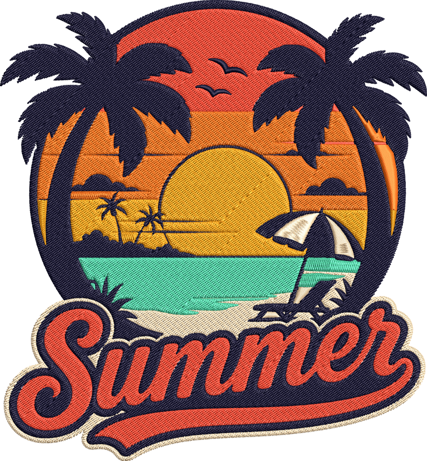 Summer Beach Embroidery Design, Tropical Beach Sunset Machine Embroidery Pattern, Palm Trees Ocean Waves Beach Umbrella Summer Embroidery Design