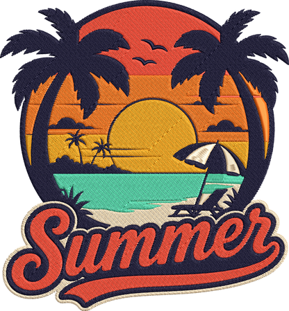 Summer Beach Embroidery Design, Tropical Beach Sunset Machine Embroidery Pattern, Palm Trees Ocean Waves Beach Umbrella Summer Embroidery Design