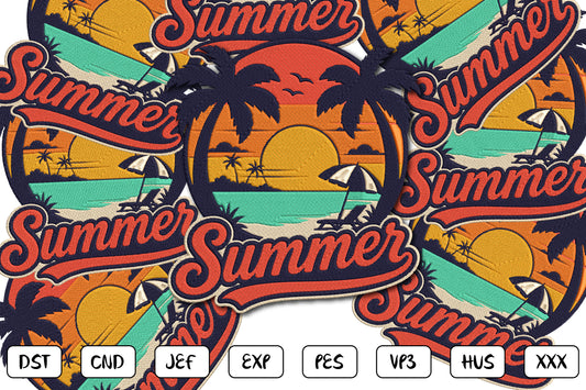 Summer Beach Embroidery Design, Tropical Beach Sunset Machine Embroidery Pattern, Palm Trees Ocean Waves Beach Umbrella Summer Embroidery Design