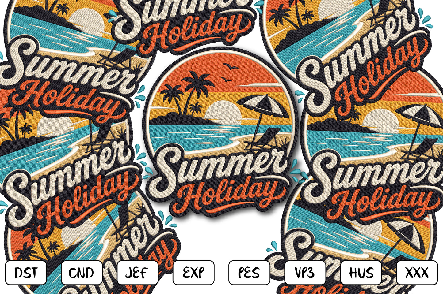 Summer Holiday Embroidery Design, Tropical Beach Sunset Machine Embroidery