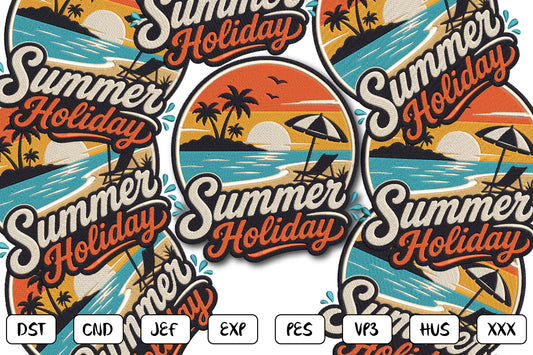 Summer Holiday Embroidery Design, Tropical Beach Sunset Machine Embroidery