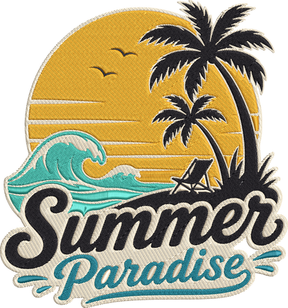 Summer Paradise Embroidery Design, Tropical Beach Sunset Machine Embroidery
