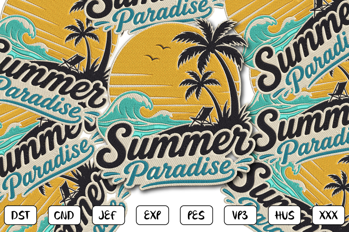 Summer Paradise Embroidery Design, Tropical Beach Sunset Machine Embroidery