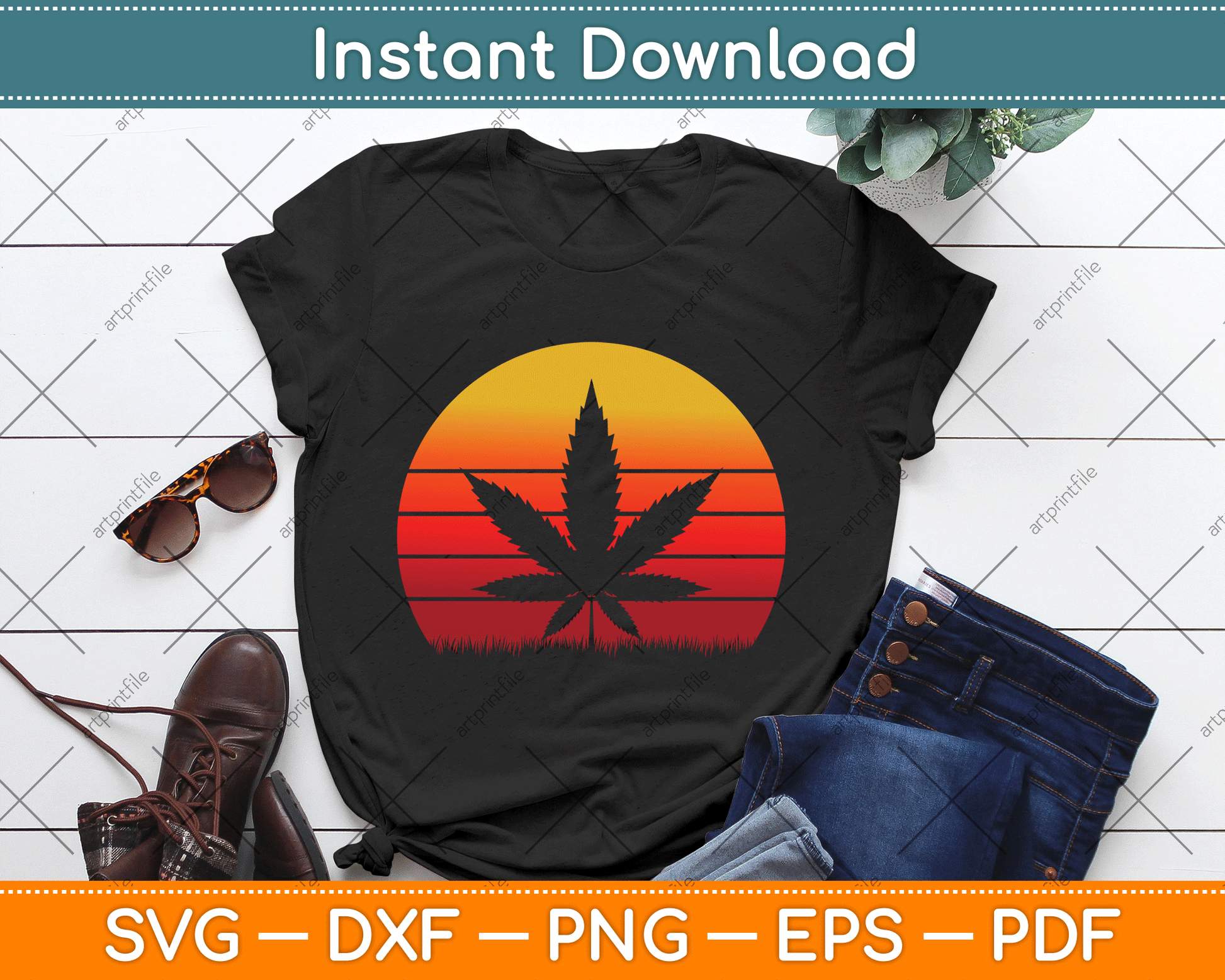 Sun Vintage Marijuana Weed Cannabis Leaf Retro Doobies Cool SVG Digital Cutting File