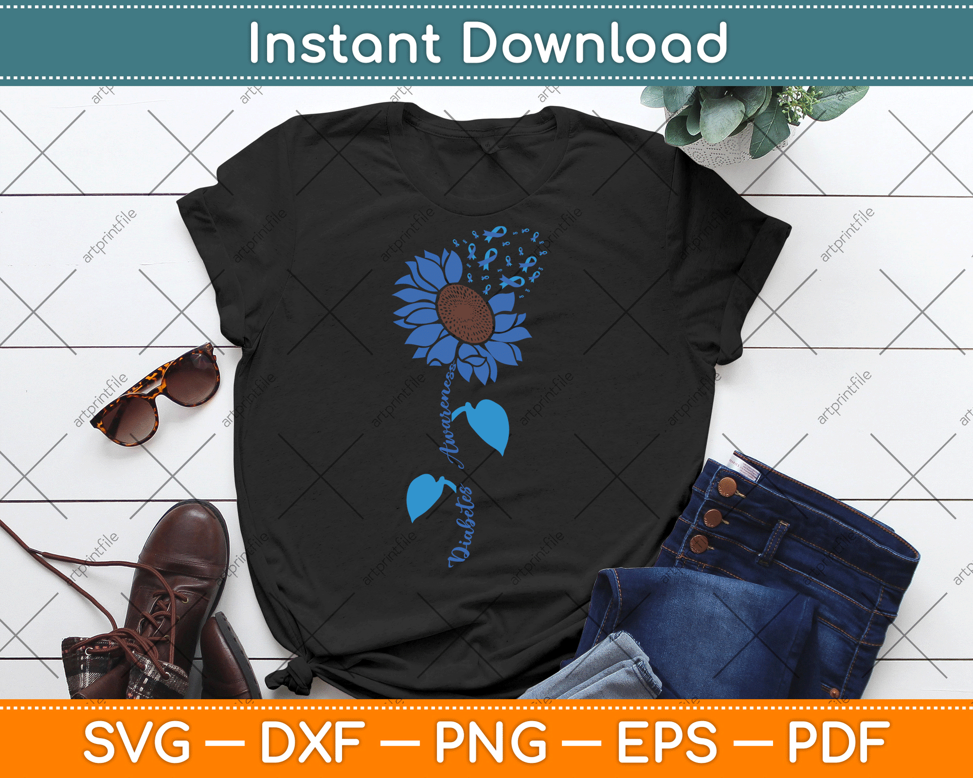 Sunflower Diabetes Awareness Support Blue Ribbon T1D SVG Digital Cutting File