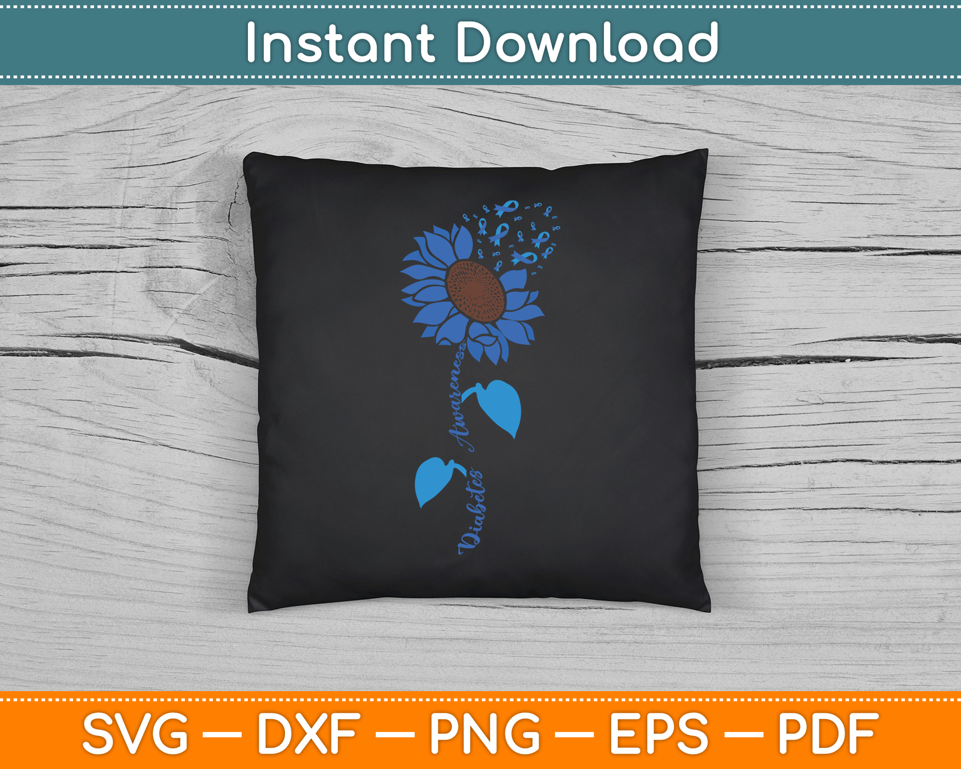 Sunflower Diabetes Awareness Support Blue Ribbon T1D SVG Digital Cutting File