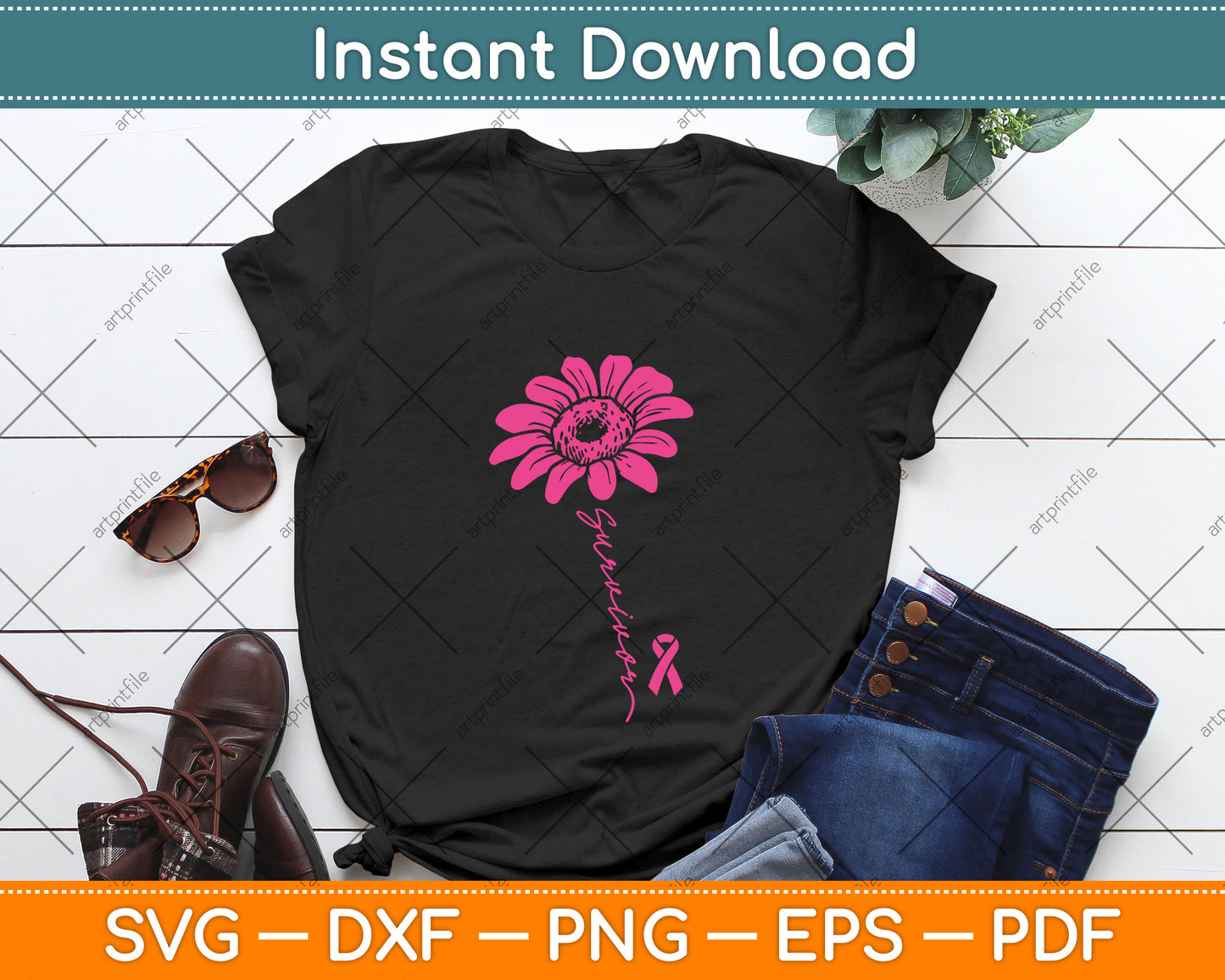 Sunflower Pink Ribbon Breast Cancer Survivor Awareness SVG Digital Cutting File