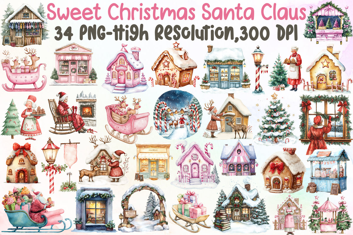 Sweet Christmas Mrs Claus Village Clipart PNG Bundle