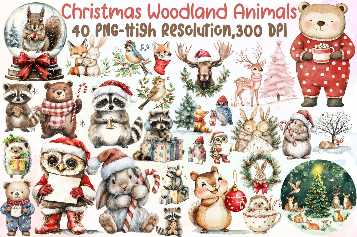 Sweet Christmas Woodland Animals Clipart Bundle PNG