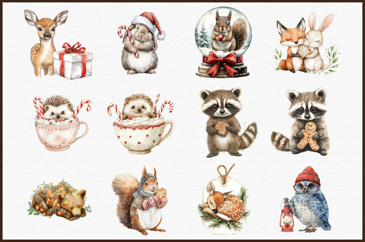 Sweet Christmas Woodland Animals Clipart Bundle PNG