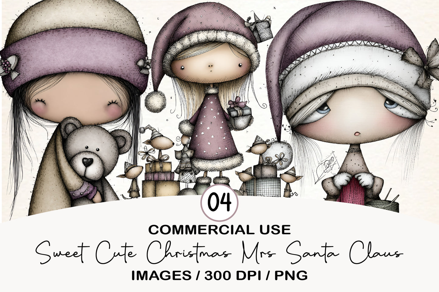 Sweet Cute Christmas Mrs. Santa Claus PNG Bundle | Adorable Watercolor Holiday Mrs. Claus Clipart