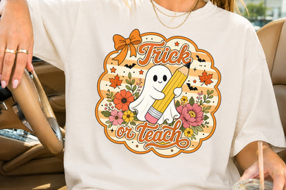 Trick or Teach PNG Cute Ghost Teacher Halloween Sublimation Design