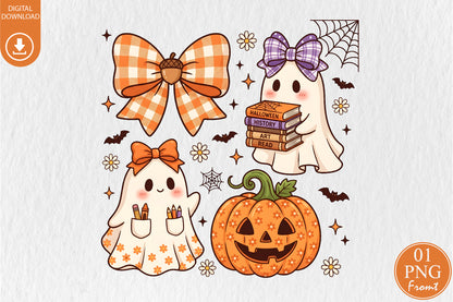 Cute Halloween Teacher Ghost PNG Pumpkin Bow Books School Sublimation Design