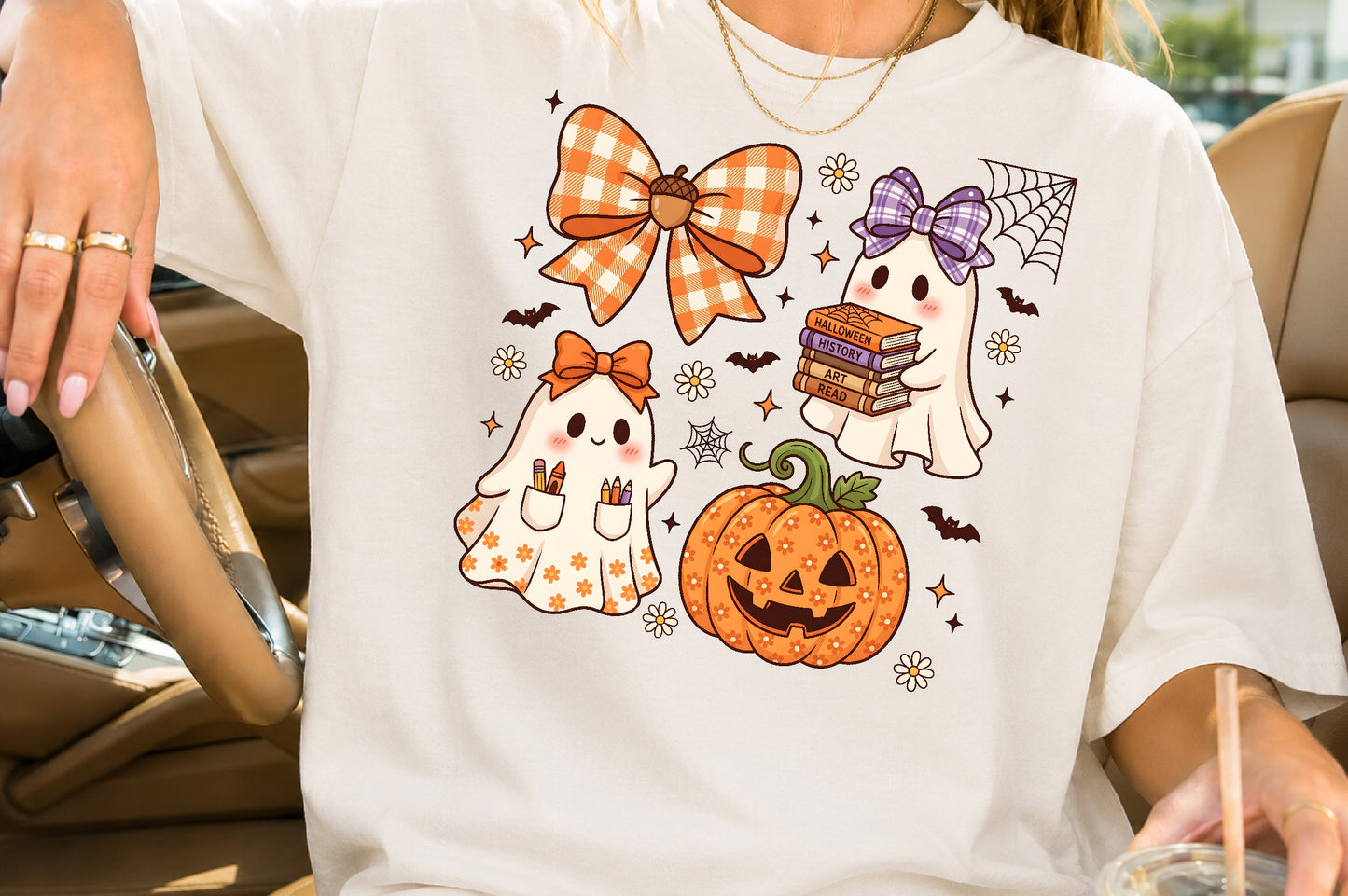Cute Halloween Teacher Ghost PNG Pumpkin Bow Books School Sublimation Design