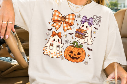 Cute Halloween Teacher Ghost PNG Pumpkin Bow Books School Sublimation Design