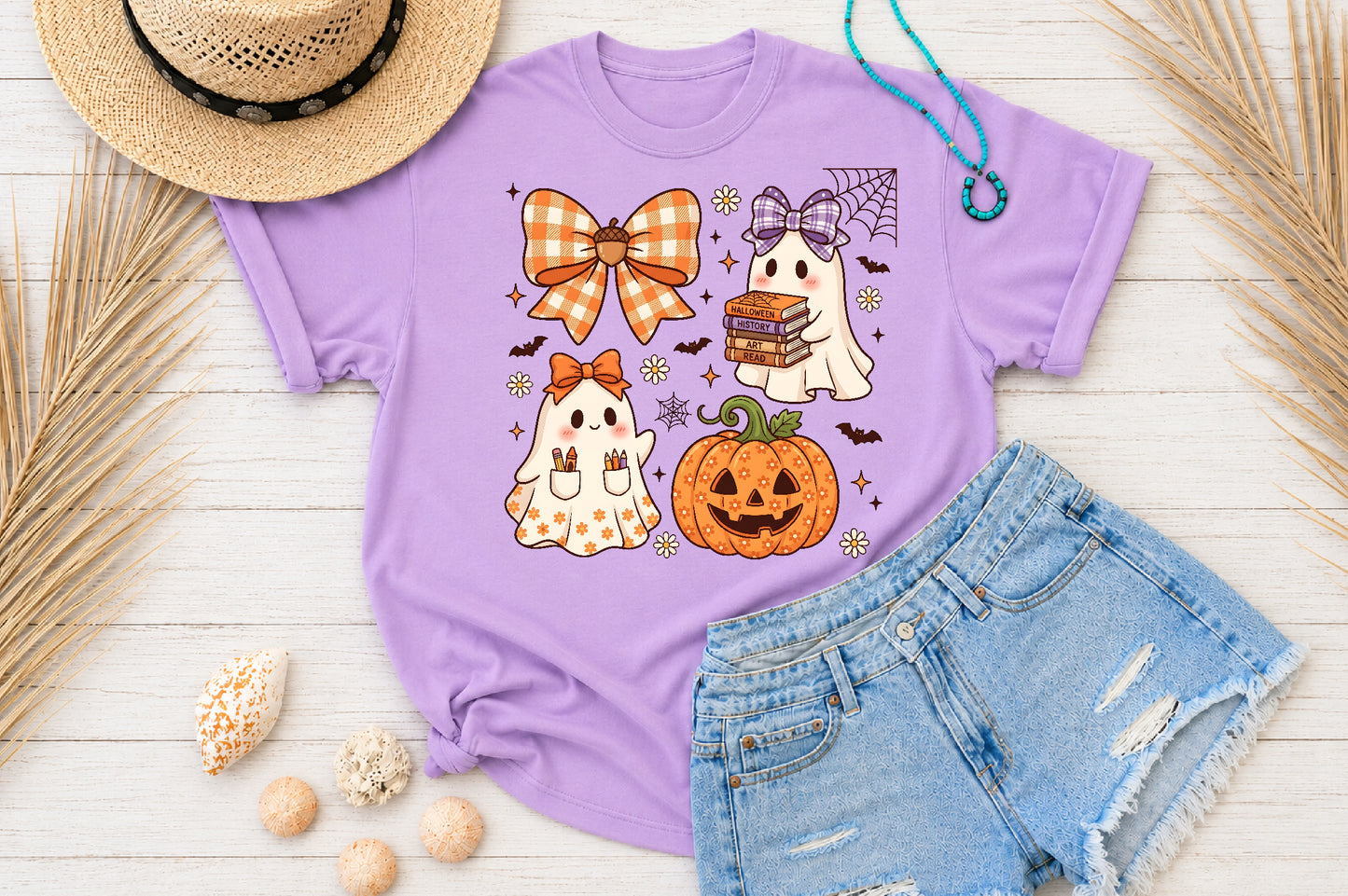 Cute Halloween Teacher Ghost PNG Pumpkin Bow Books School Sublimation Design