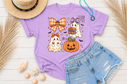 Cute Halloween Teacher Ghost PNG Pumpkin Bow Books School Sublimation Design