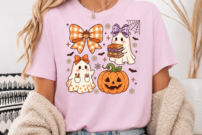 Cute Halloween Teacher Ghost PNG Pumpkin Bow Books School Sublimation Design