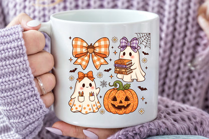 Cute Halloween Teacher Ghost PNG Pumpkin Bow Books School Sublimation Design