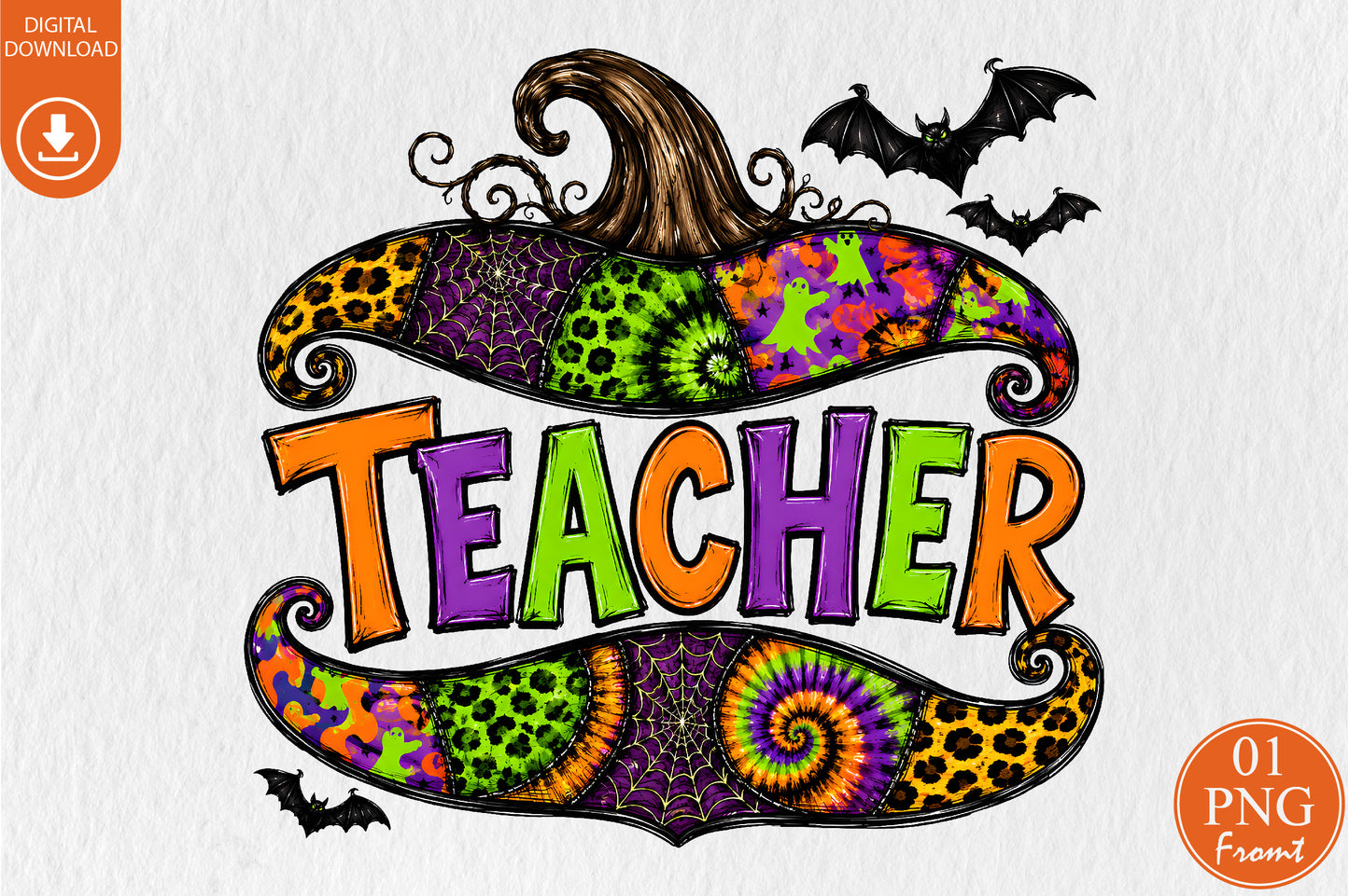 Retro Halloween Teacher PNG Leopard Pumpkin Witch Hat Spooky Sublimation Design