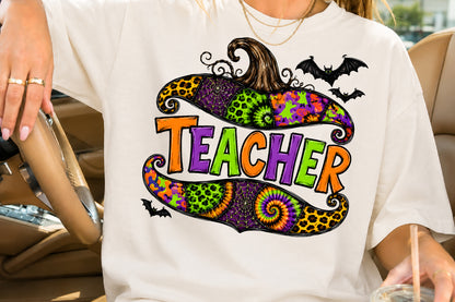 Retro Halloween Teacher PNG Leopard Pumpkin Witch Hat Spooky Sublimation Design