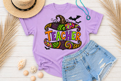 Retro Halloween Teacher PNG Leopard Pumpkin Witch Hat Spooky Sublimation Design