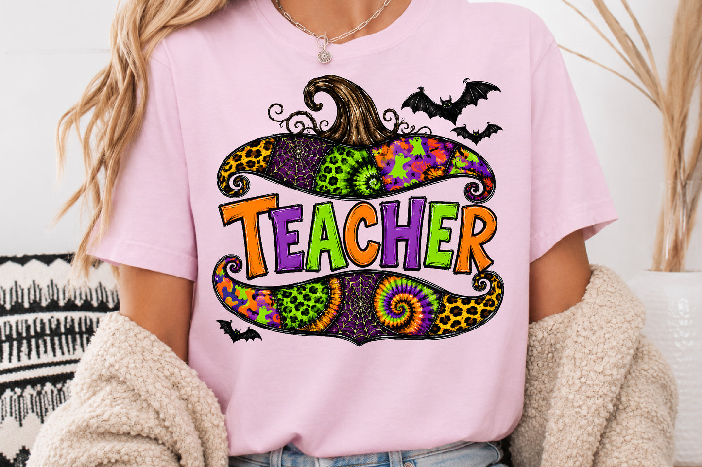 Retro Halloween Teacher PNG Leopard Pumpkin Witch Hat Spooky Sublimation Design