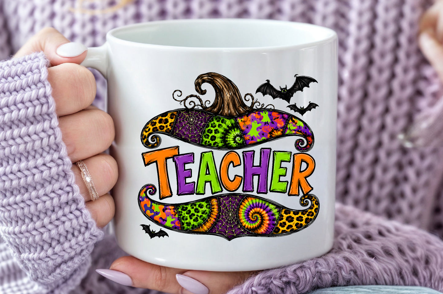 Retro Halloween Teacher PNG Leopard Pumpkin Witch Hat Spooky Sublimation Design