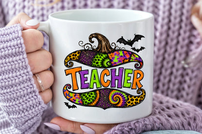 Retro Halloween Teacher PNG Leopard Pumpkin Witch Hat Spooky Sublimation Design