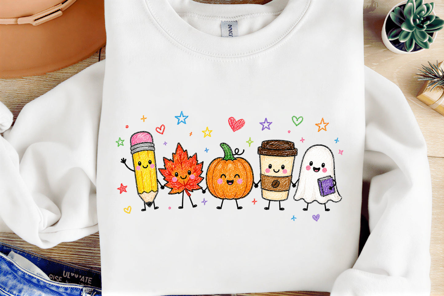 Cute Fall Teacher PNG Pencil Pumpkin Maple Leaf Ghost Coffee School