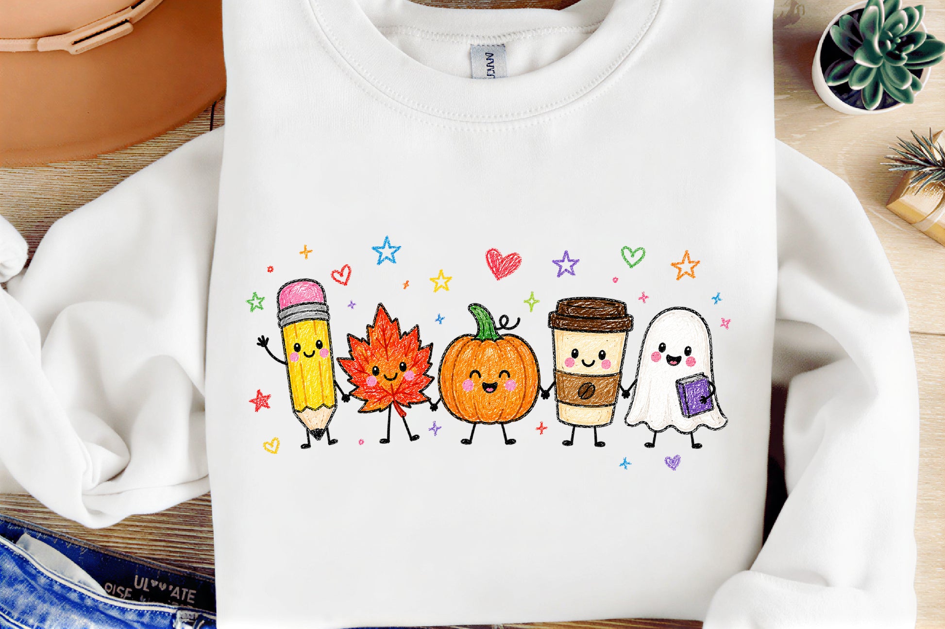 Cute Fall Teacher PNG Pencil Pumpkin Maple Leaf Ghost Coffee School