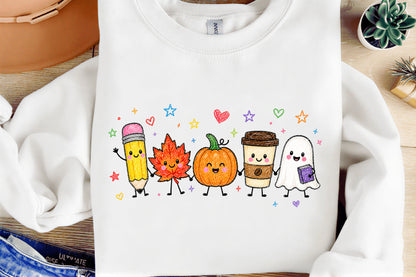 Cute Fall Teacher PNG Pencil Pumpkin Maple Leaf Ghost Coffee School