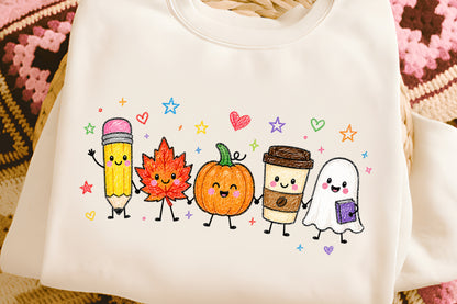 Cute Fall Teacher PNG Pencil Pumpkin Maple Leaf Ghost Coffee School