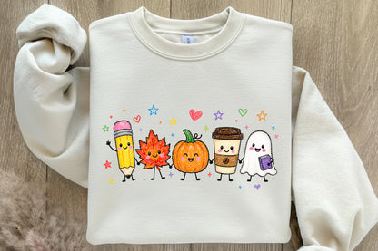 Cute Fall Teacher PNG Pencil Pumpkin Maple Leaf Ghost Coffee School